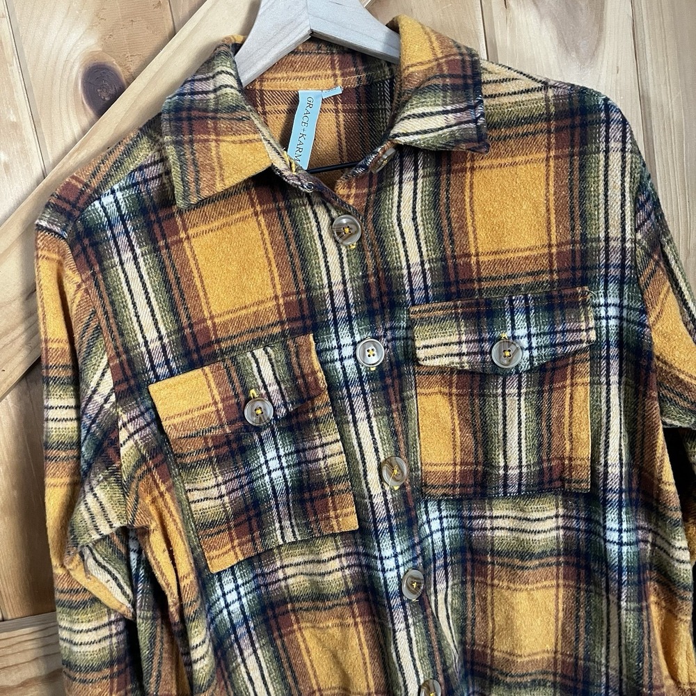 Grace + Karma Women's Medium Long Flannel Shacket Pockets Buttons Plaid Fall